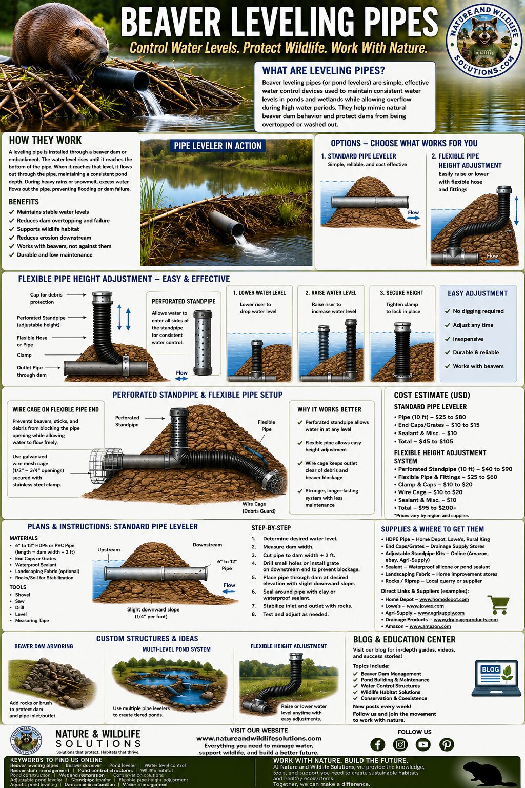 Illustrated infographic showing how beaver leveling pipes and pond levelers control water levels in beaver dams, prevent flooding, protect wildlife habitat, and provide adjustable water management solutions.