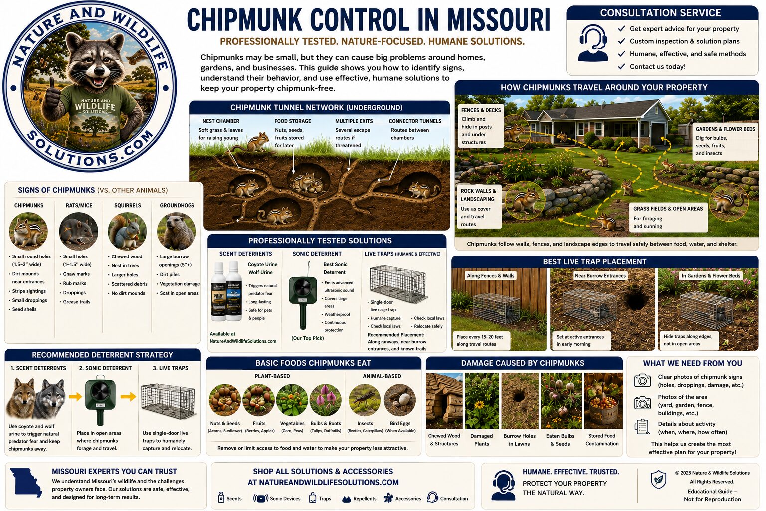 infographic showing how to manage and control chipmunks in Missouri and the Midwest