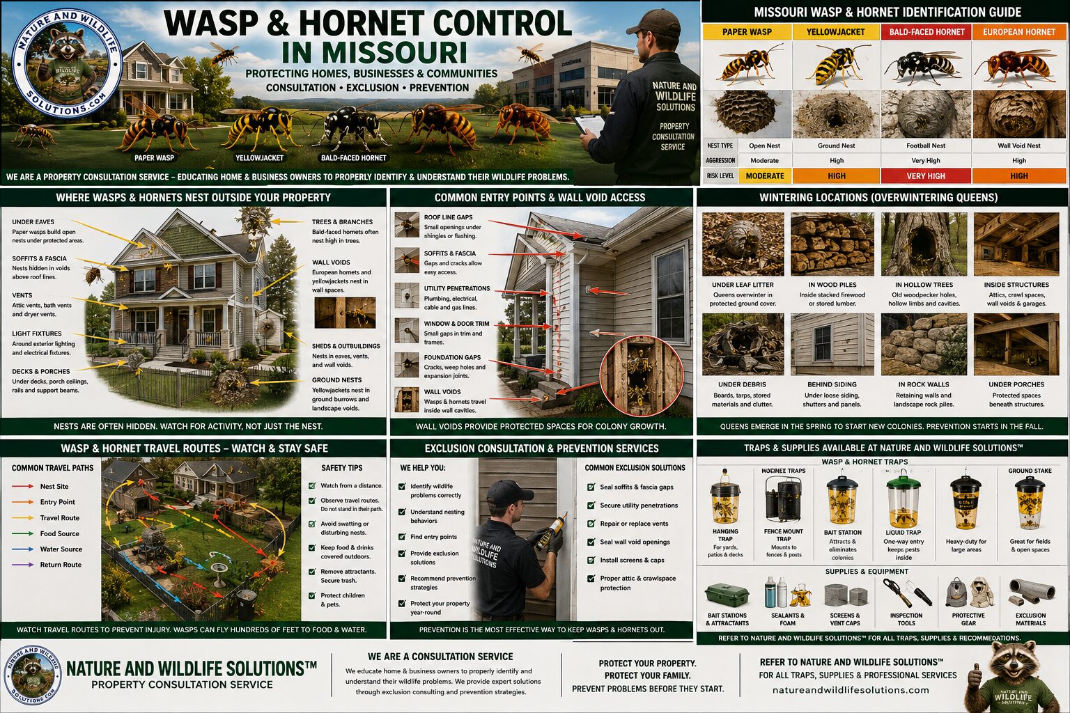 Missouri wasp and hornet control infographic showing identification of paper wasps, yellowjackets, bald-faced hornets, and European hornets, nesting areas, entry points, overwintering locations, travel routes, prevention tips, traps, supplies, and consultation services from Nature and Wildlife Solutions.